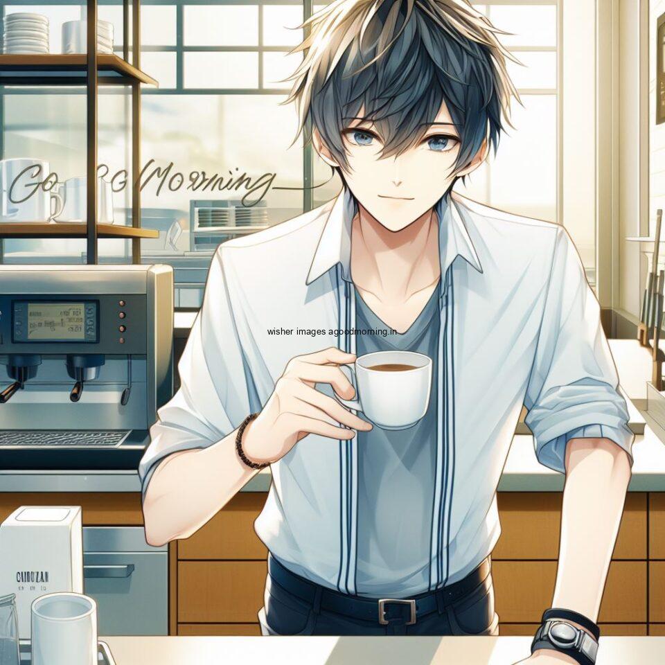 white dress wearing the anime boy and standing in the bed take coffee with good morning love image