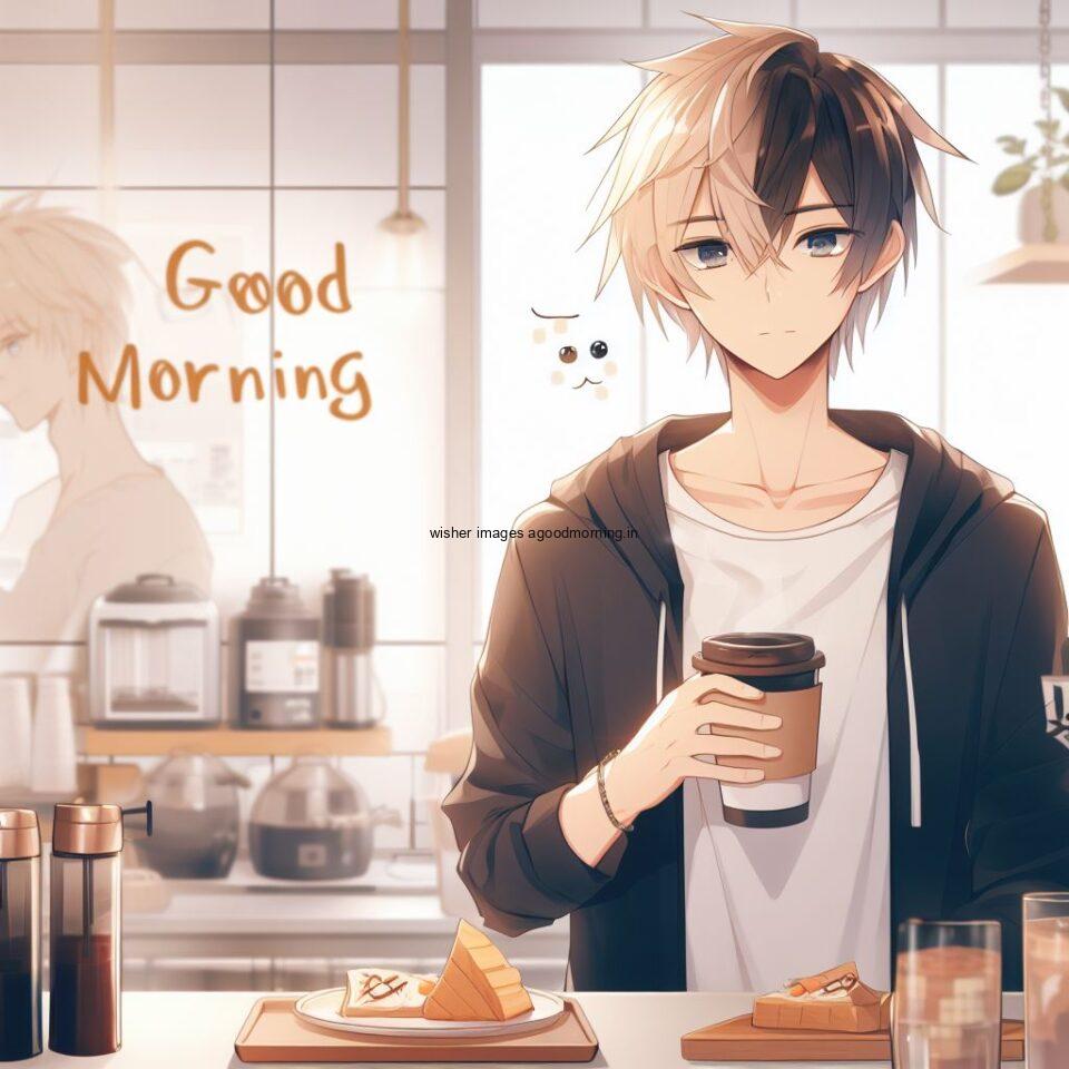 white dress wearing the anime boy and standing in the kitchen take coffee with good morning love image