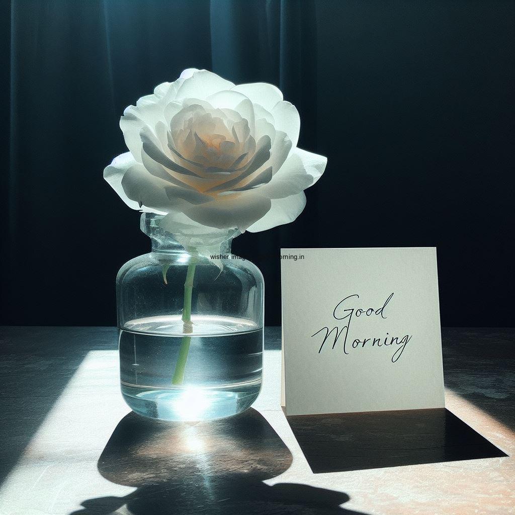 white rose in the glass good morning image with good morning my love placed on note