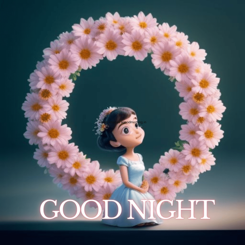 Beautiful-and-little-girl-with-big-eyes-wearing-beauitful-dress-with-good-night-images-text-behind-the-girl-big-flowers-circle-is-create-960x960 50+ HD Good Night Images Free Download