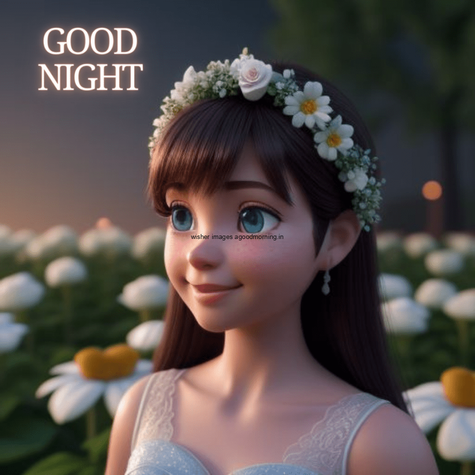 Beautiful-cute-girl-with-big-eyes-wearing-beauitful-dress-with-good-night-images-text-behind-the-girl-big-flowers-circle-is-create-960x960 50+ HD Good Night Images Free Download