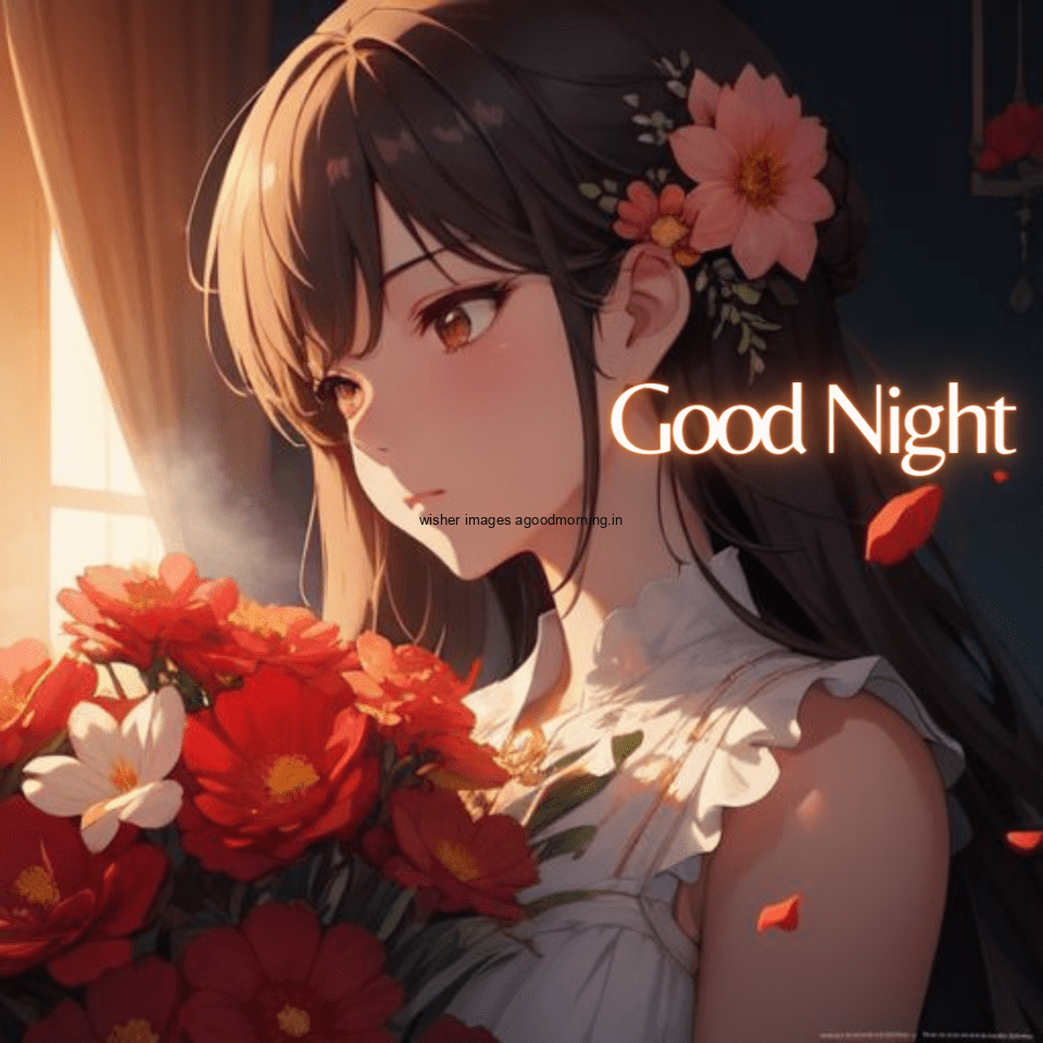 Beautiful girl beauitful white dress with good night images text behind the girl big flowers circle flowers