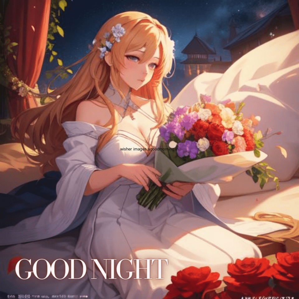 Beautiful-girl-beauitful-white-dress-with-good-night-images-text-behind-the-girl-big-flowers-circle-many-flowers-960x960 50+ HD Good Night Images Free Download