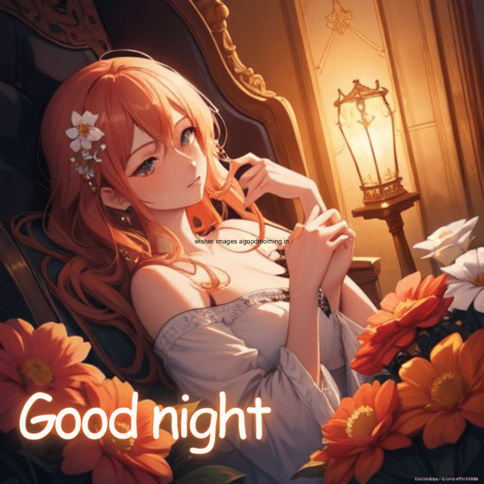 Beautiful girl beauitful white dress with good night images text behind the girl big flowers circle with many flowers