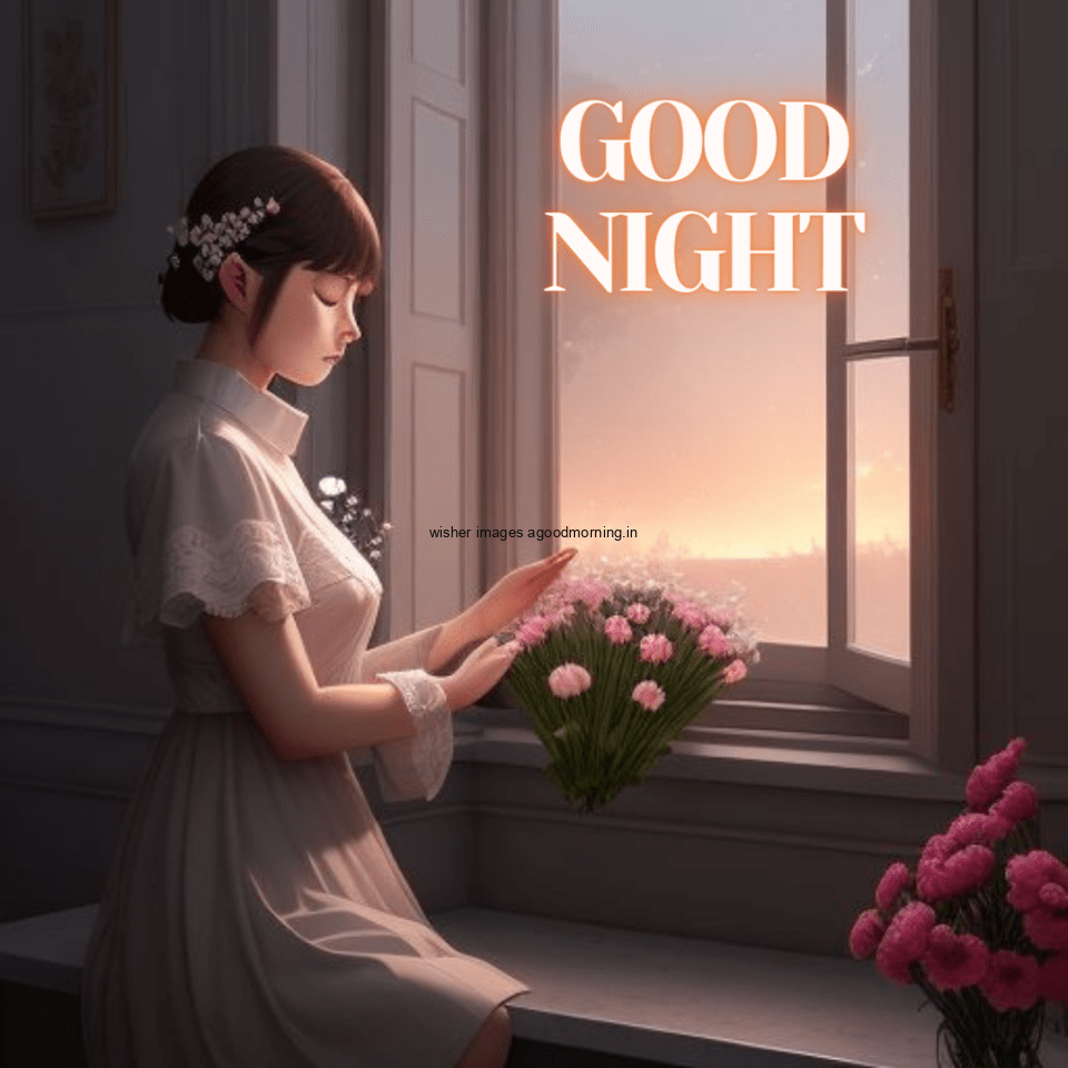 Beautiful girl beside window beauitful dress with good night images text behind the girl big flowers circle is create in pot