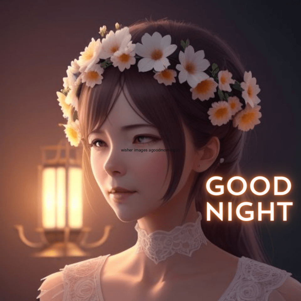 Beautiful girl with big eyes wearing beauitful dress with good night images text behind the girl big flowers circle good night