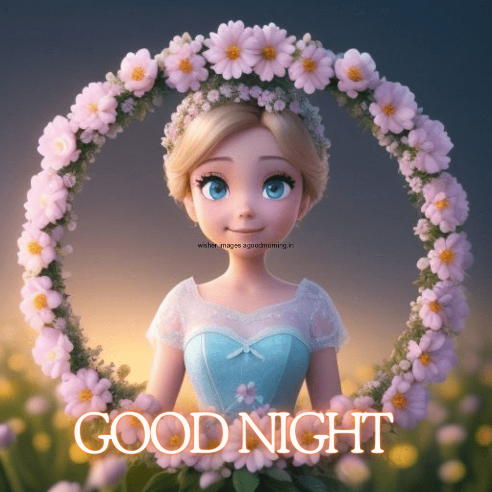 Beautiful-girl-with-big-eyes-wearing-beauitful-dress-with-good-night-images-text-behind-the-girl-big-flowers-circle-is-create-960x960 50+ HD Good Night Images Free Download