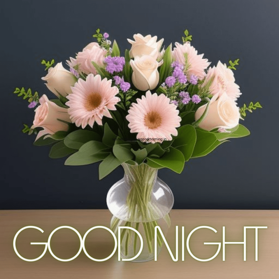 Beautiful girl with big eyes wearing beauitful dress with good night images text behind the girl big flowers circle is create in pot