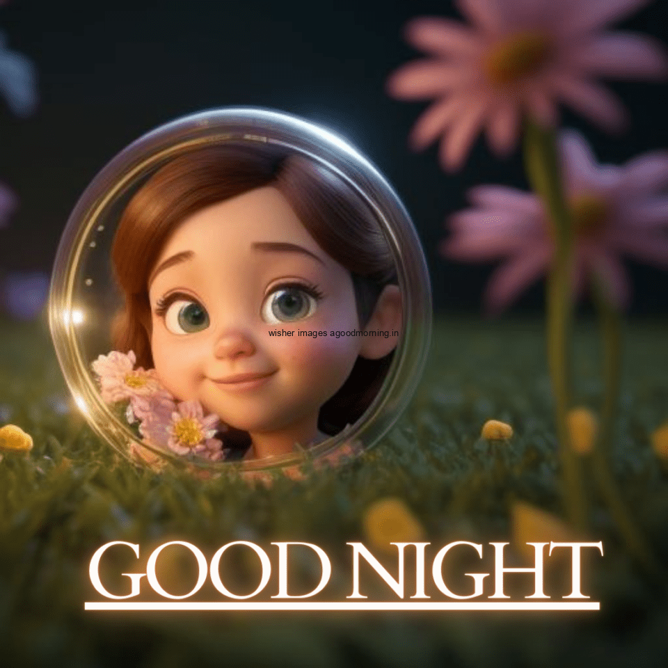 Beautiful girl with big eyes wearing beauitful dress with good night images text behind the girl big flowers circle is create in pots