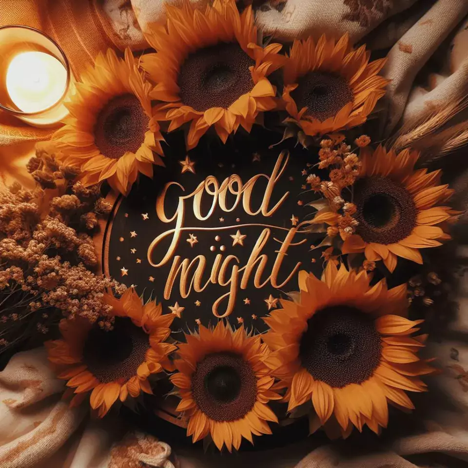 Good NIght images with big flowers sunflower decors with beautiful background candle