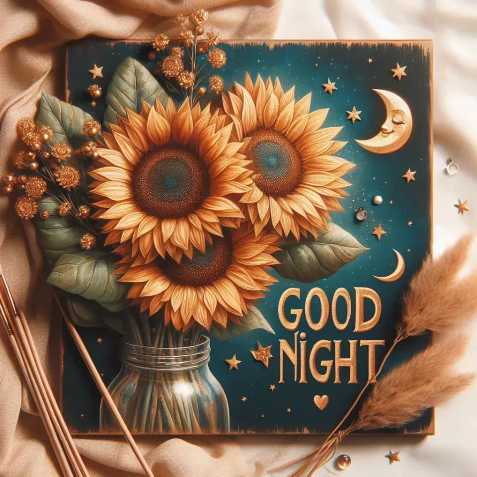 Good NIght images with many big sunflower decors with beautiful background candle