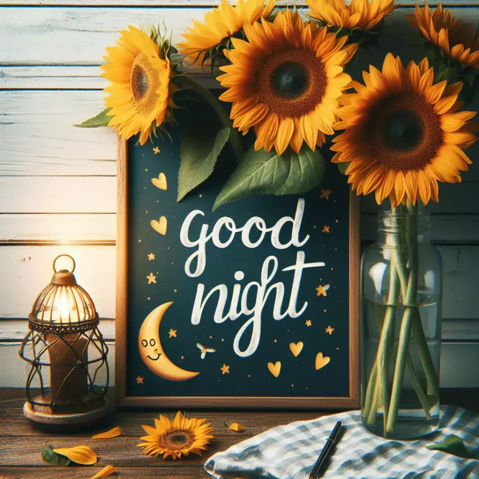 Good NIght images with sunflower decors with beautiful background candle lights