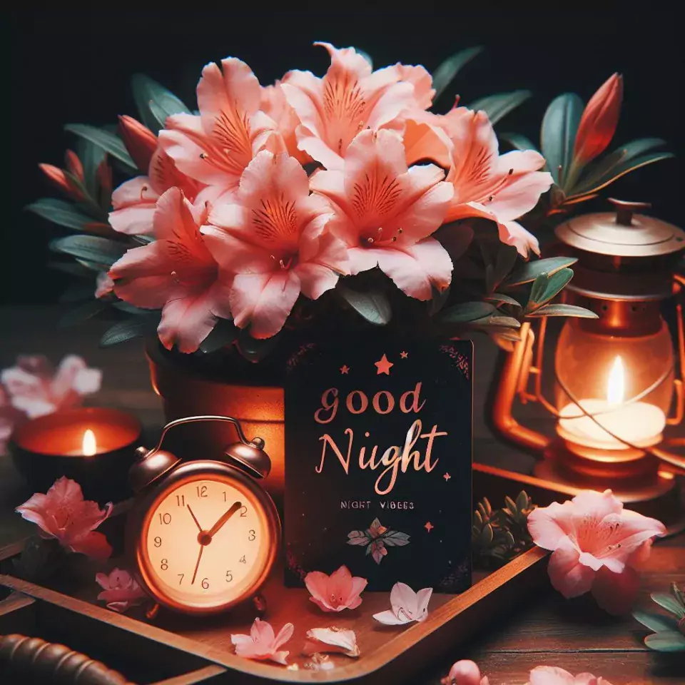 Good Night images with Azalea decors with beautiful background candle many clocks