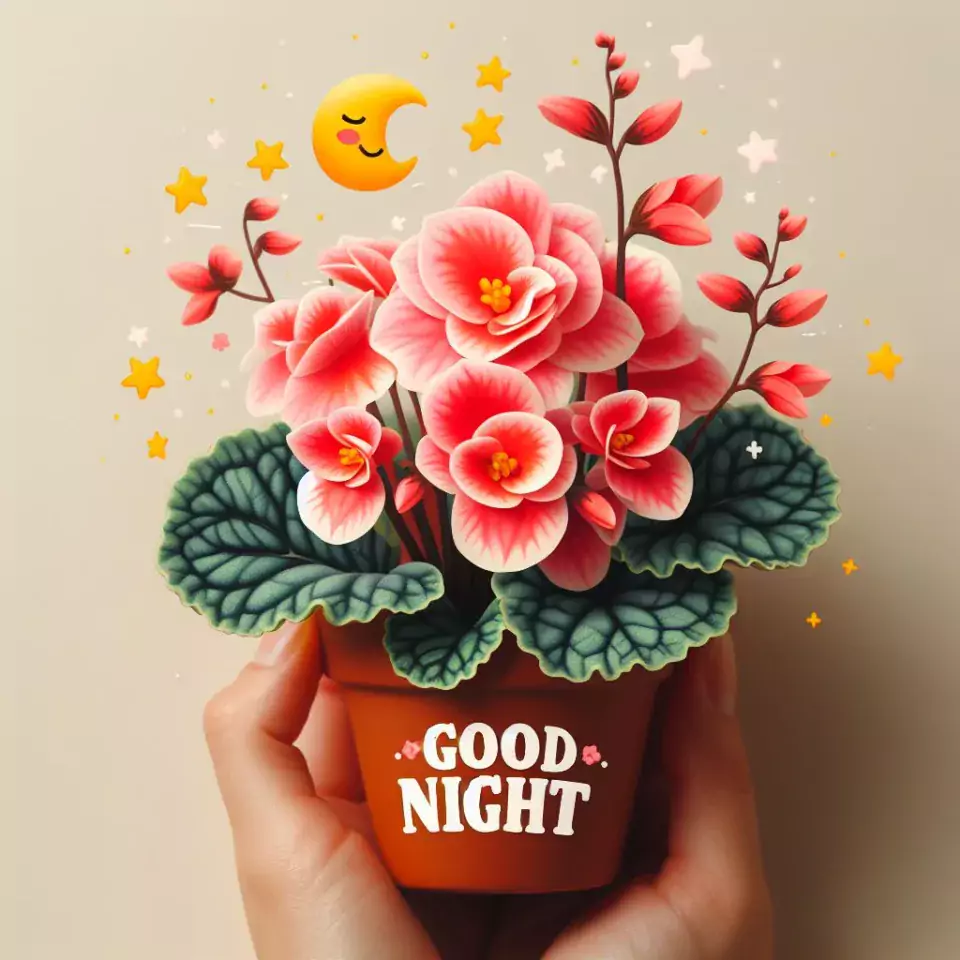 Good Night images with Begonia decors with beautiful background blur effect green leafs