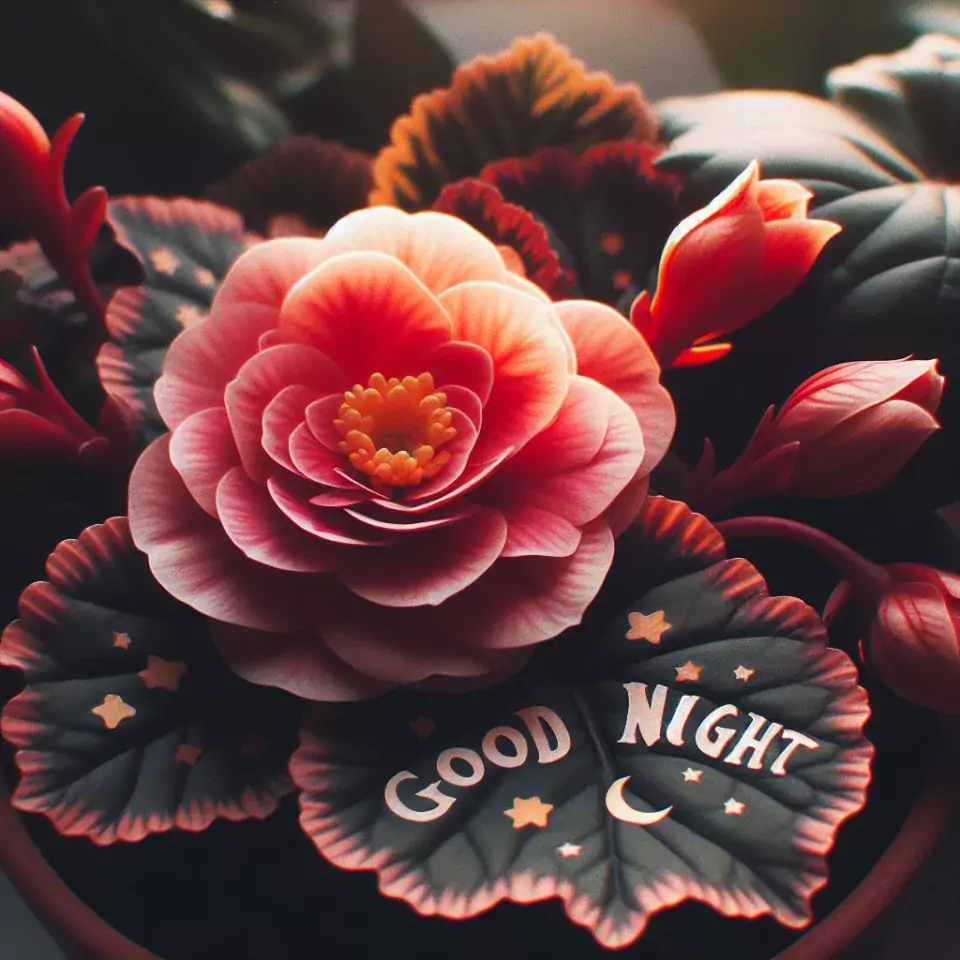 Good Night images with Begonia decors with beautiful background blur effect leafs