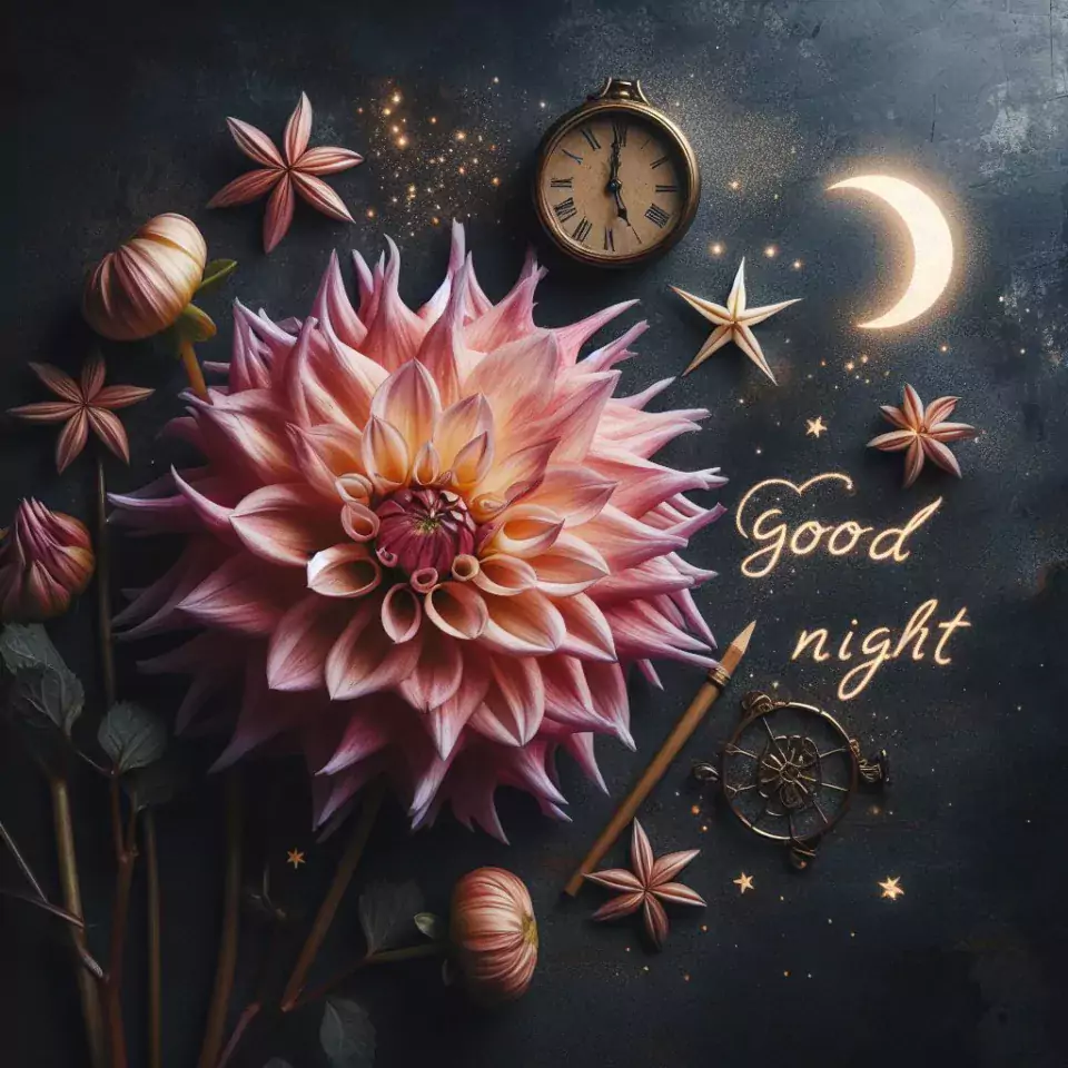 Good Night images with pink with yellow flower with moon decors with beautiful background blur effect