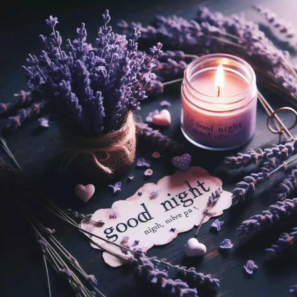 Good Night images with purple little flowers with candle decors with beautiful background blur effect