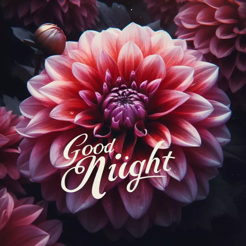 Good Night images with red with purple big flowers decors with beautiful background blur effect