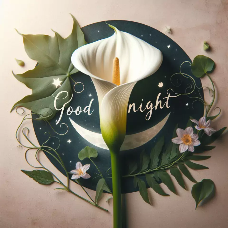 Good Night images with white flower with leafs decors with beautiful background blur effect