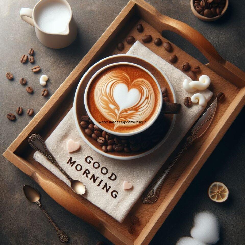 Good morning coffee images good morning my love images with cup coffee with white background heart shap cookie brown tray