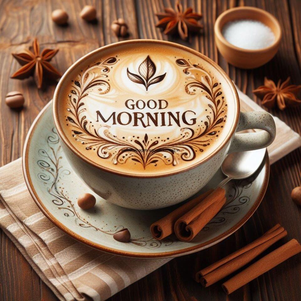 Good morning coffee images good morning my love images with cup coffee with white background heart shap cookie coffee cup with good morning text on the coffee