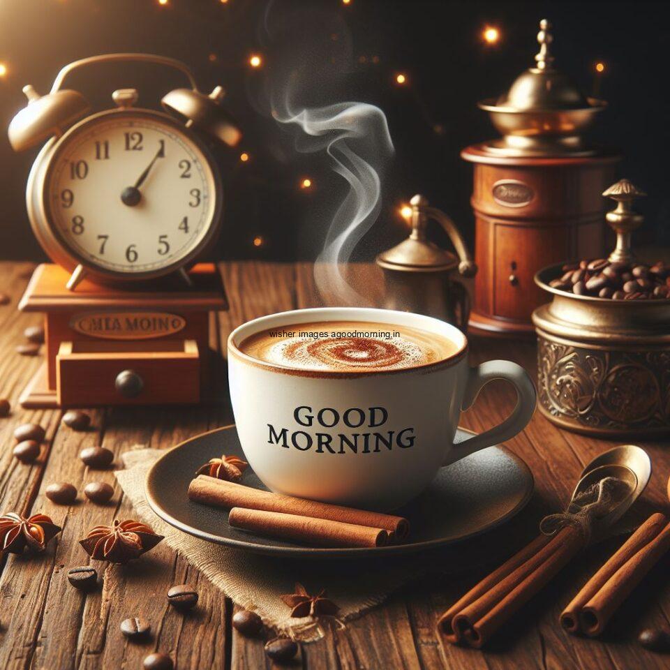 Good morning coffee images good morning my love images with cup coffee with white background heart shap cookie white cup coffee brown clock