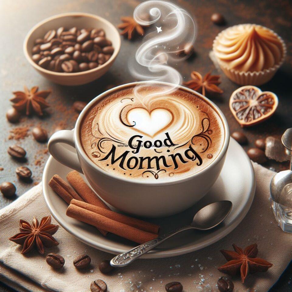 Good morning coffee images good morning my love images with cup coffee with white background heart shap cookie white cup coffee brown fog