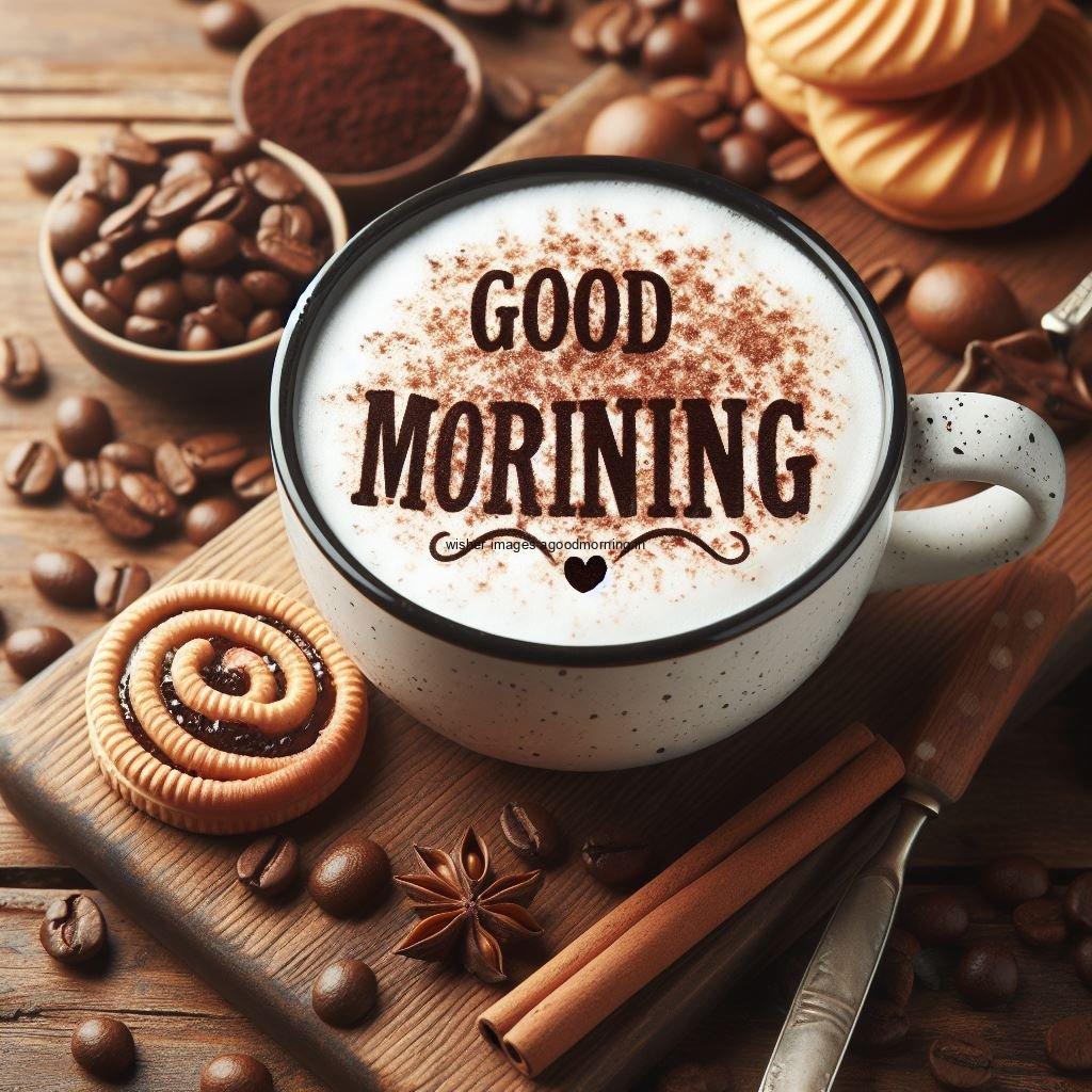 Good morning coffee images good morning my love images with cup coffee with white background heart shap cookie white cup coffee white coffee