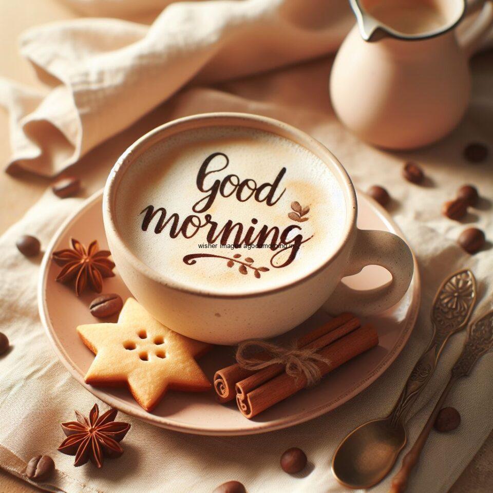 Good morning coffee images good morning my love images with cup coffee with white background heart shap cookie white cup with good morning