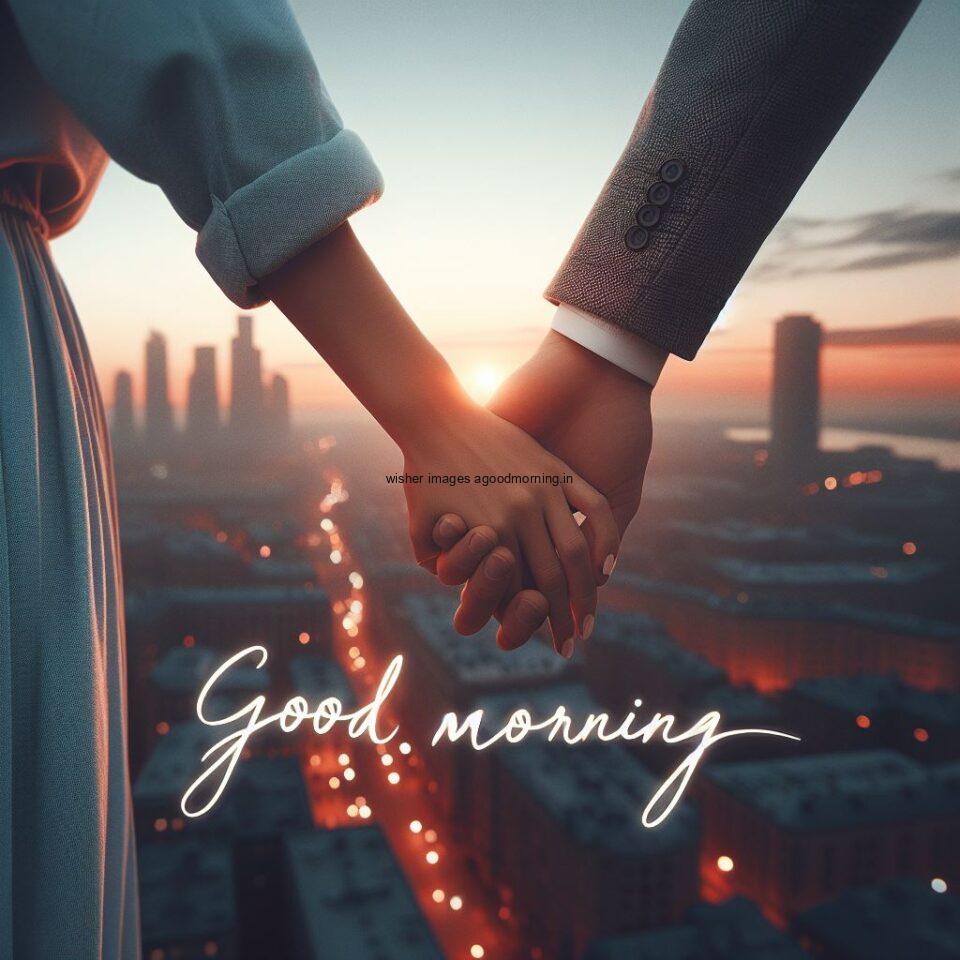 Good morning couple images city view and holding hands garden boy and girl laying garden