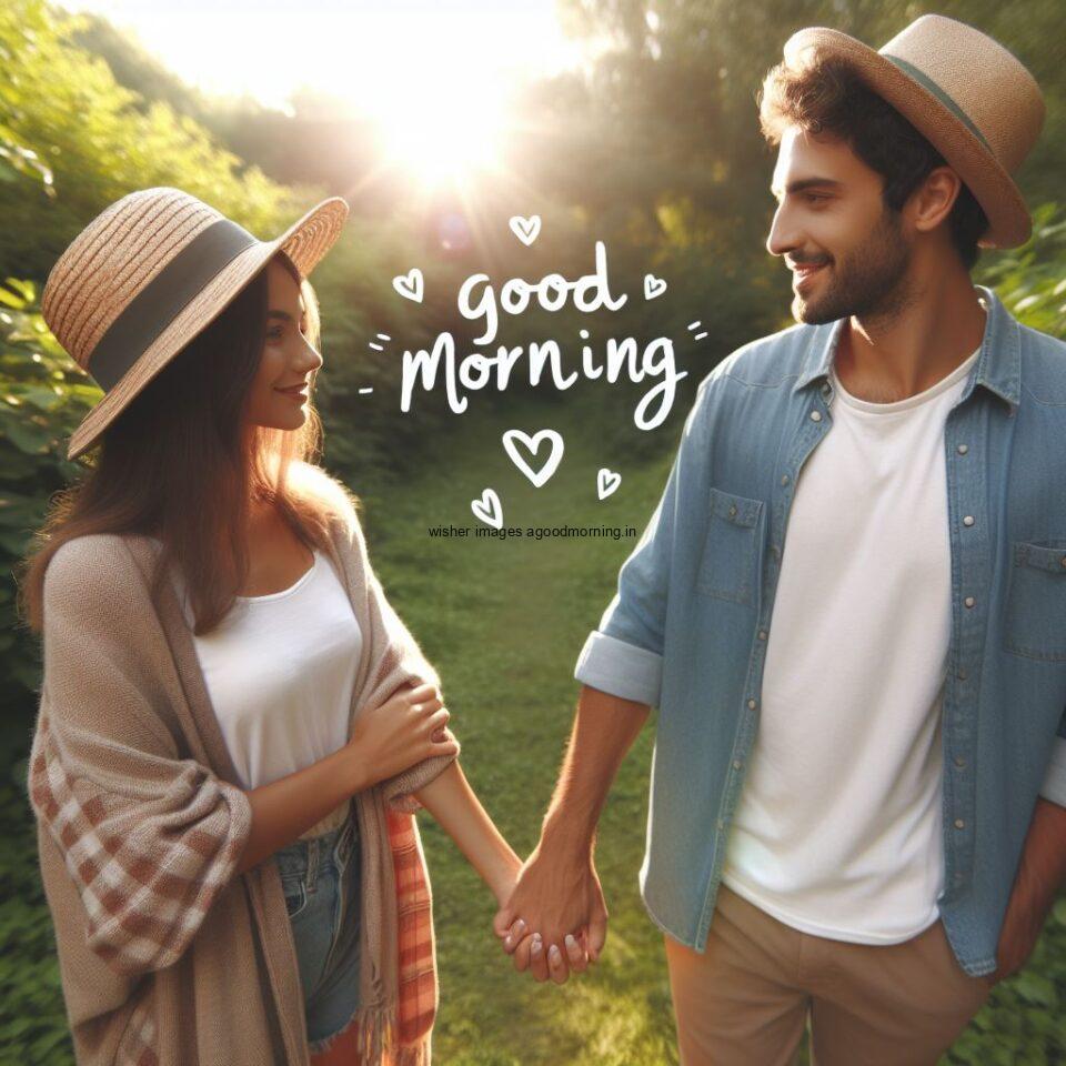 Good morning couple images couple is holding hand inside the garden boy and girl laying garden