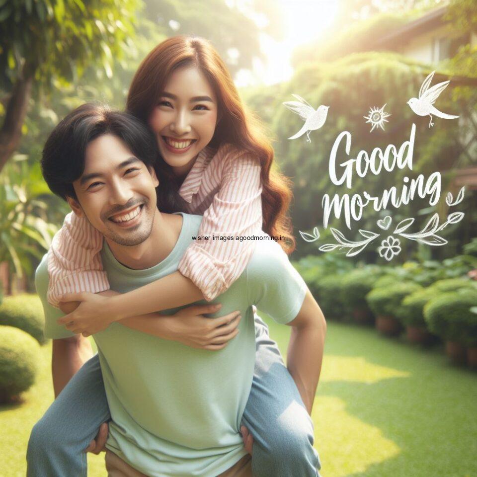 Good morning couple images couple is holding in the garden boy and girl laying garden