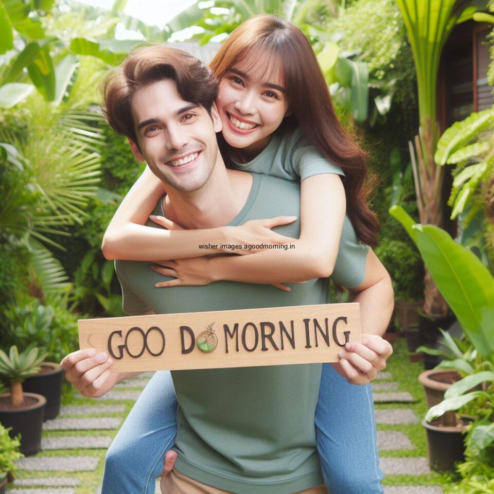 Good morning couple images couple is hug behind girl in the garden boy and girl laying garden