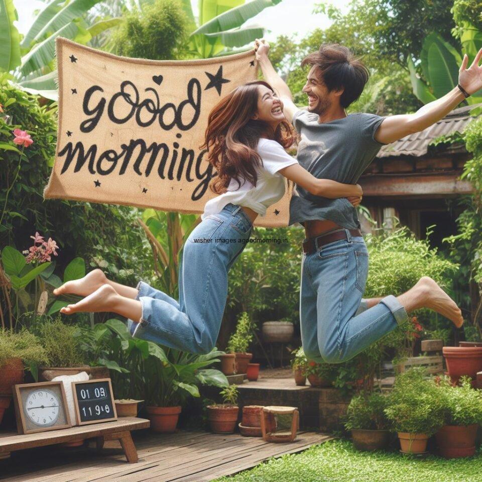 Good morning couple images couple is jump in the garden boy and girl laying garden jump