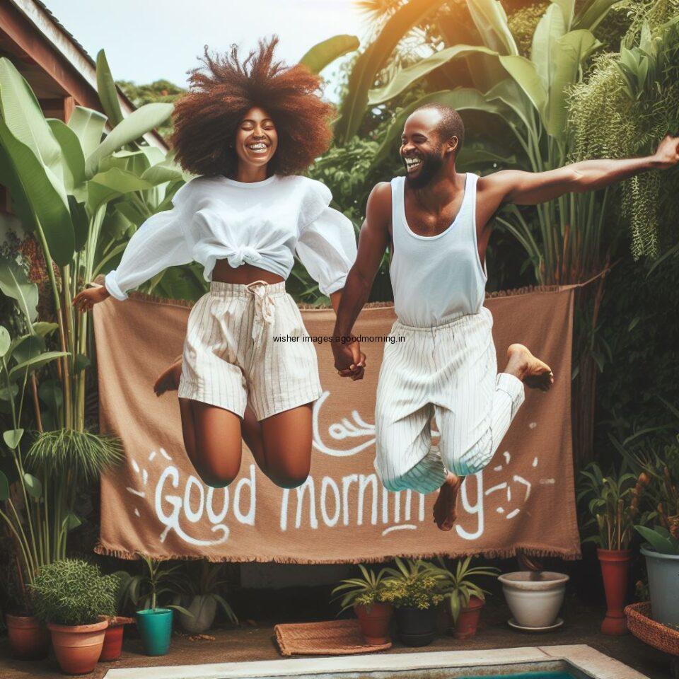 Good morning couple images couple is jump in the garden boy and girl laying garden jumping black couple