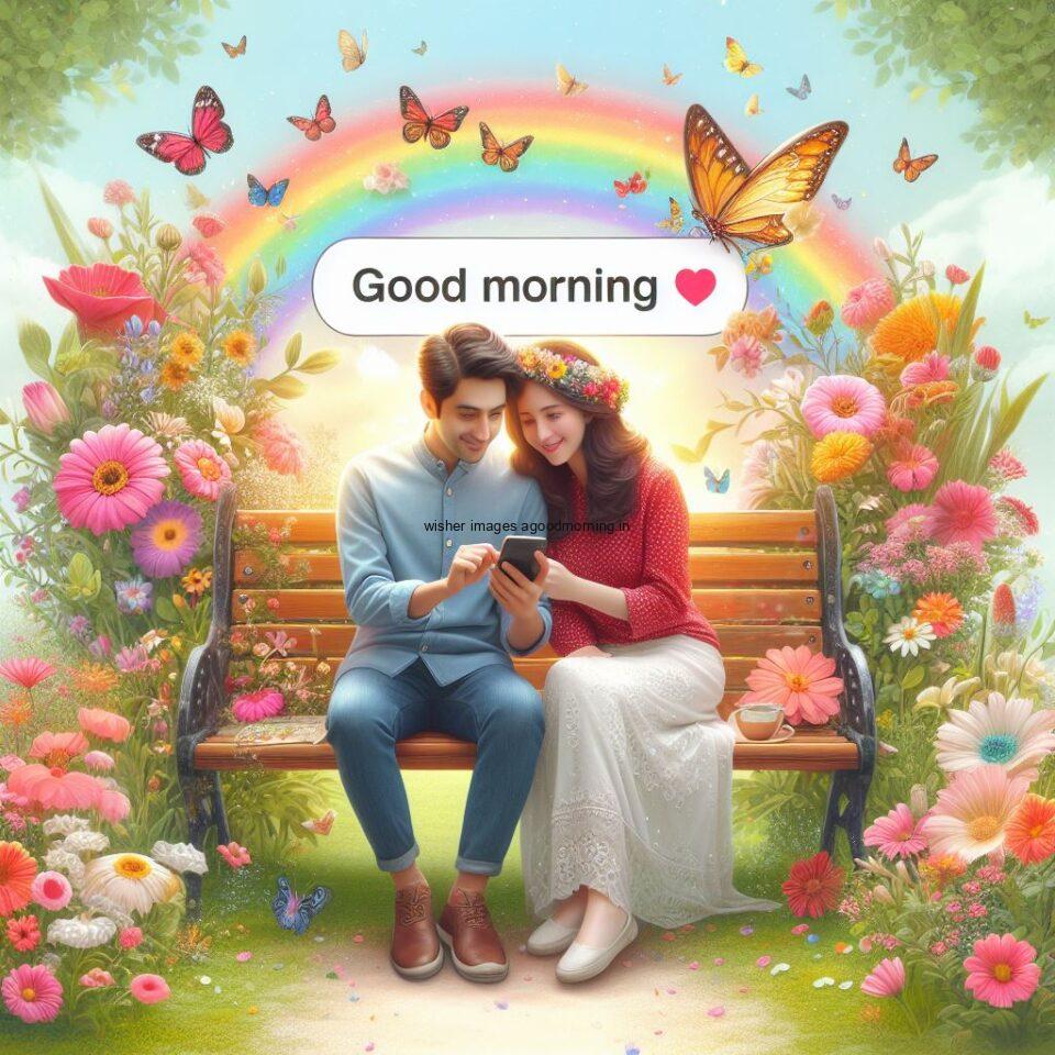 Good morning couple images couple is rainbow butterfly in the garden boy and girl laying garden