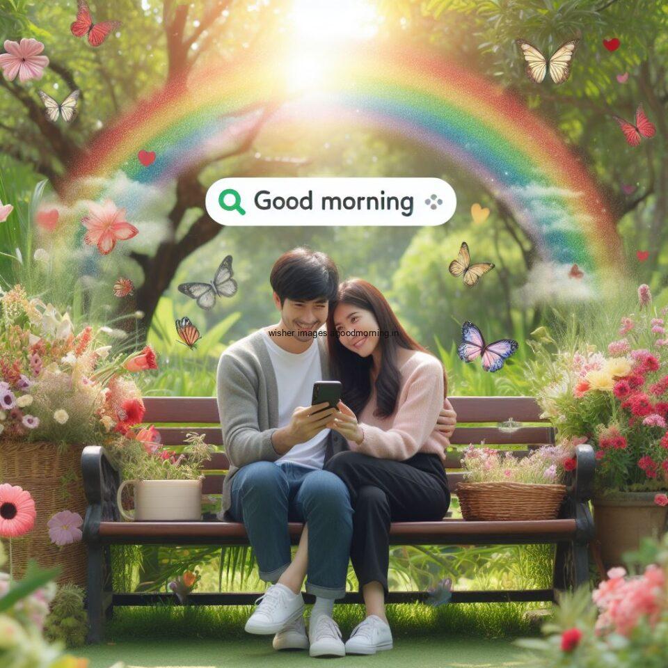 Good morning couple images couple is ranbow behind the couple in the garden boy and girl laying garden