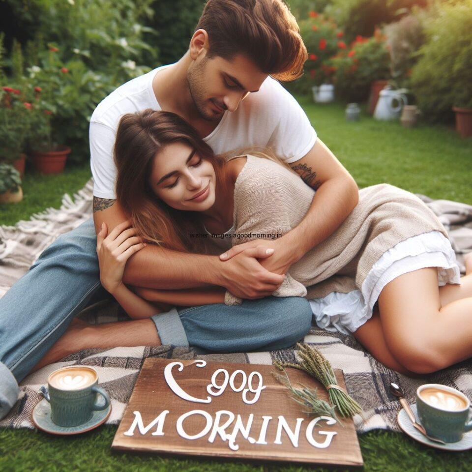 Good morning couple images couple is seating in the garden boy and girl laying garden