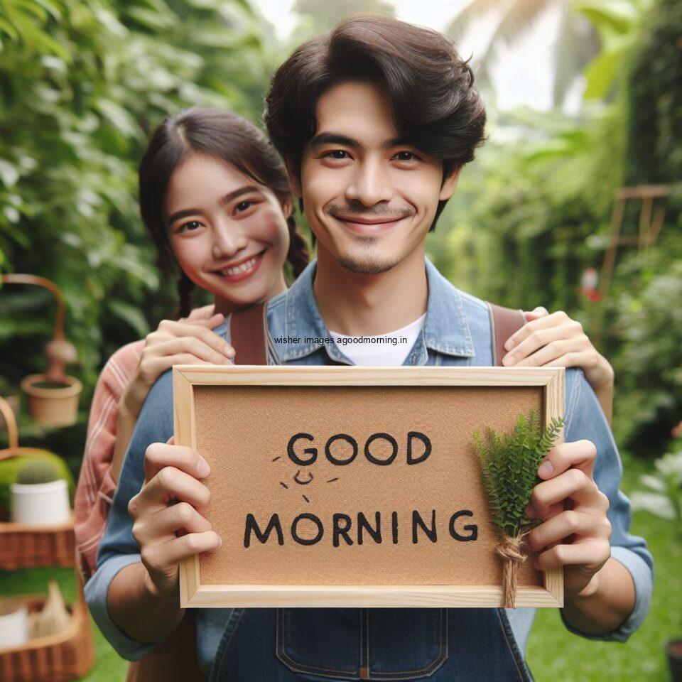 Good morning couple images couple is seating in the garden boy and girl laying garden brown good morning