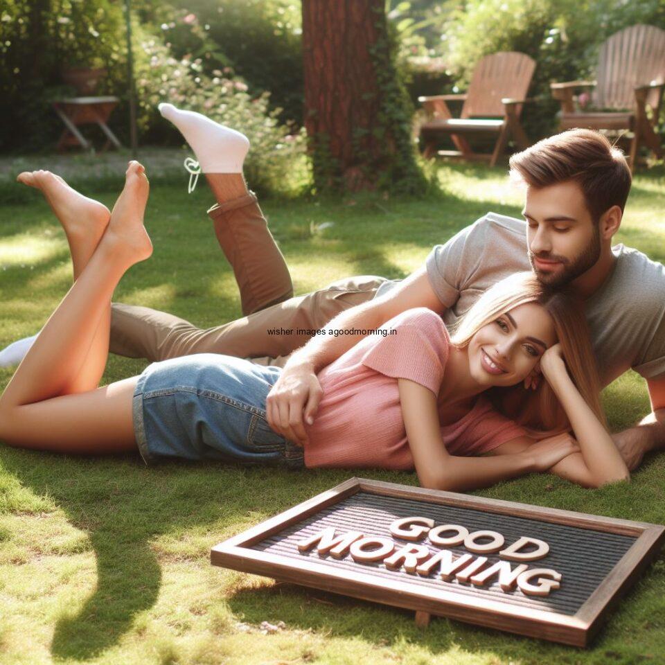 Good morning couple images couple is seating in the garden boy and girl laying garden couple