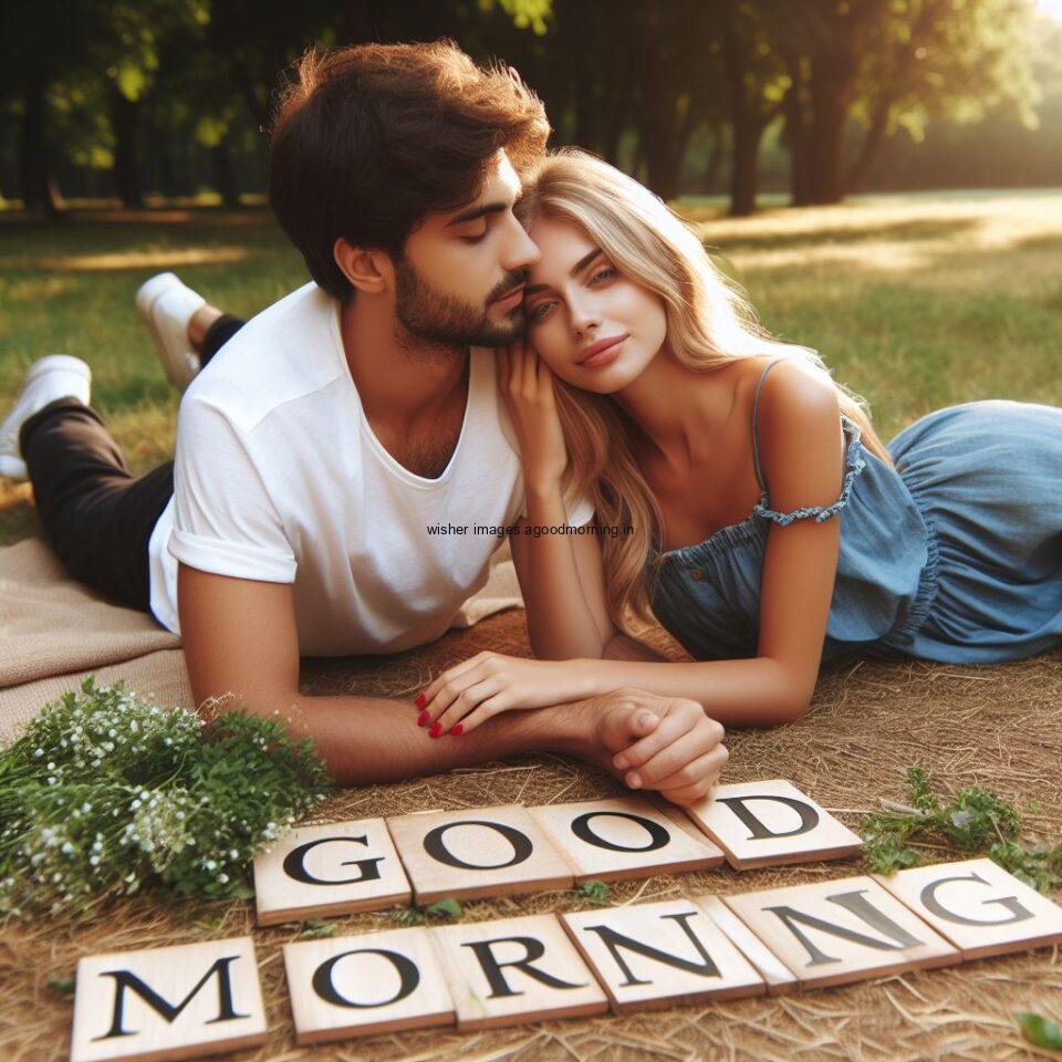 Good morning couple images couple is seating in the garden boy and girl laying garden good morning text