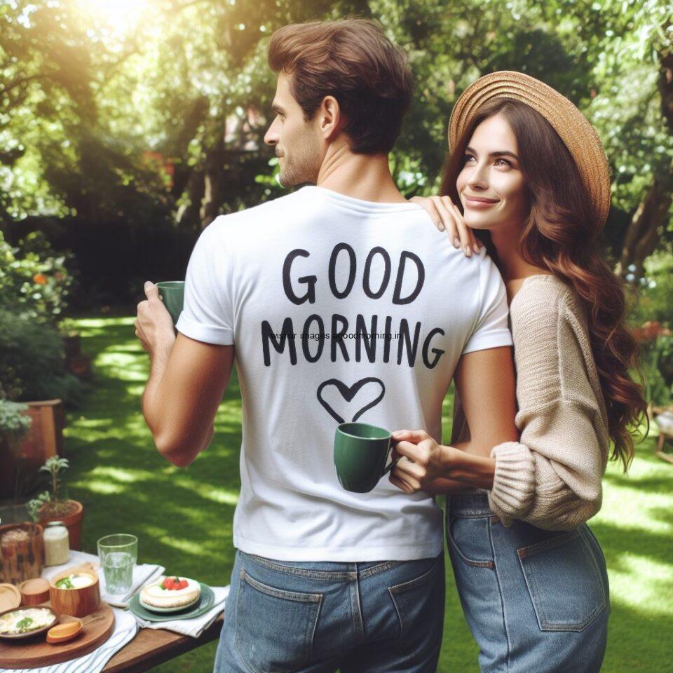 Good morning couple images couple is seating in the garden boy and girl laying garden heart