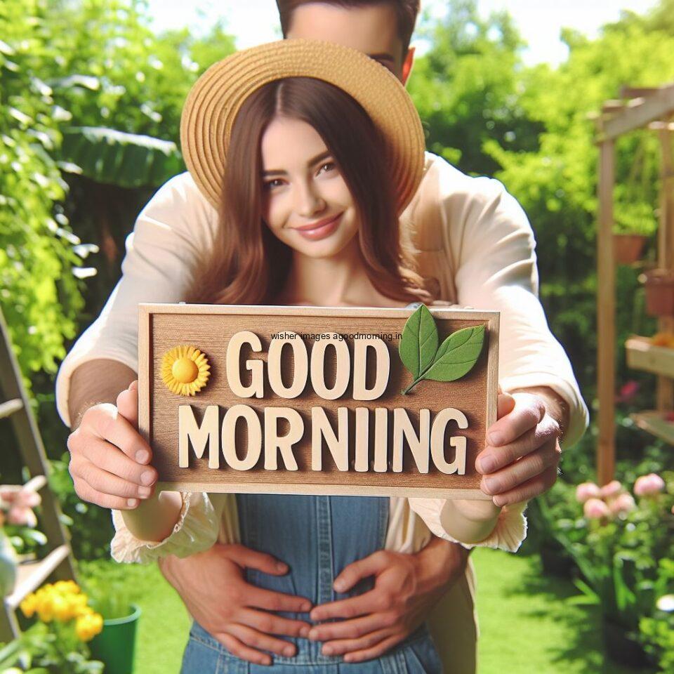 Good morning couple images couple is seating in the garden boy and girl laying garden holding good morning