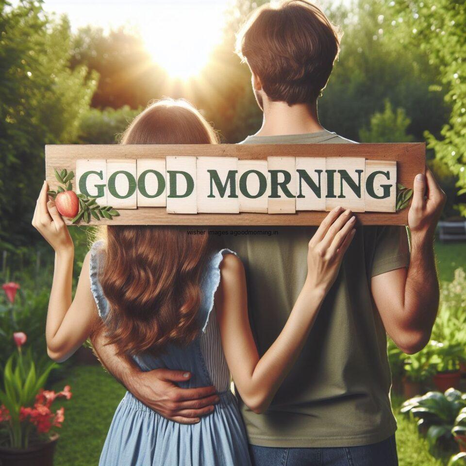 Good morning couple images couple is seating in the garden boy and girl laying garden landscape banner