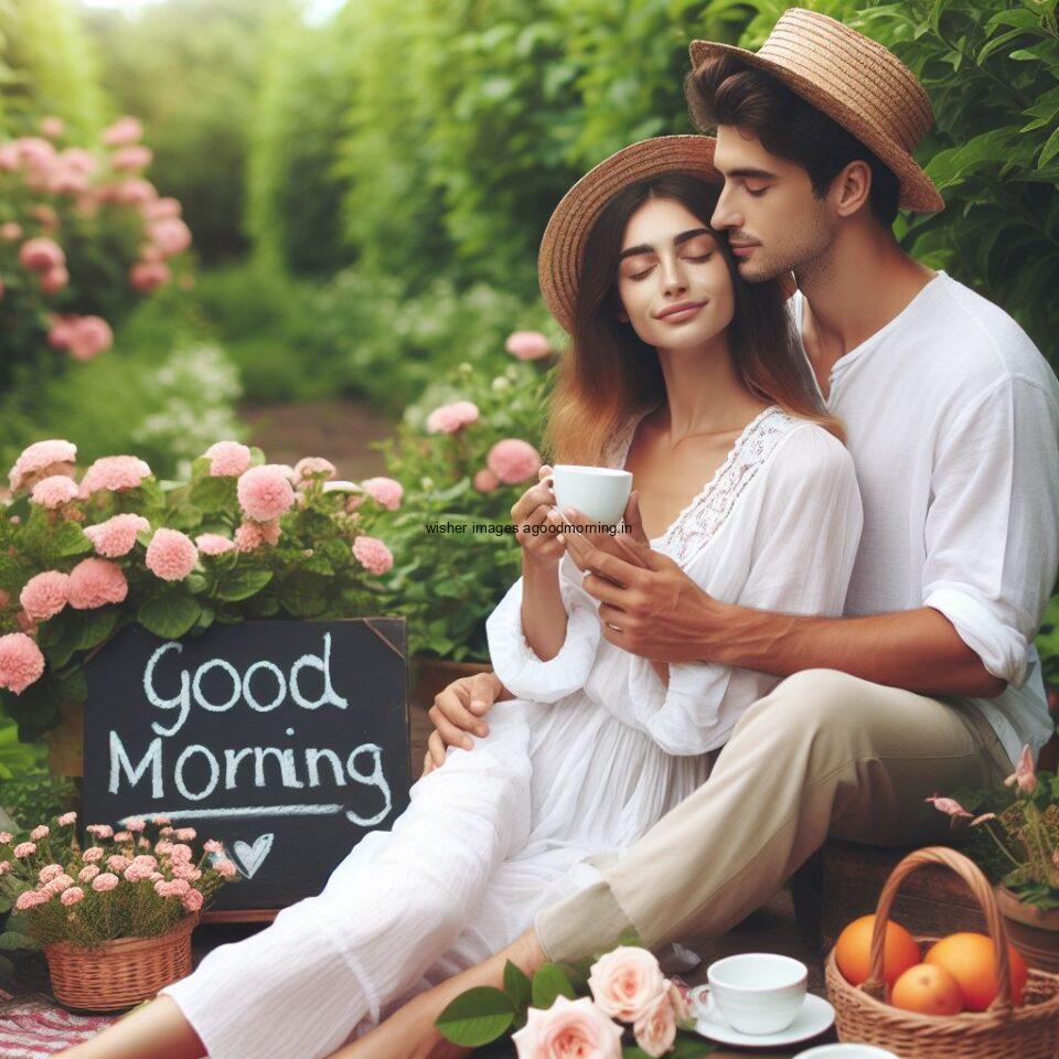 Good morning couple images couple is seating in the garden boy and girl laying garden white dress