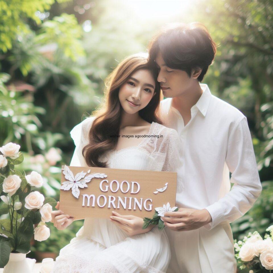 Good morning couple images couple is seating in the garden boy and girl laying garden white dress sunlight