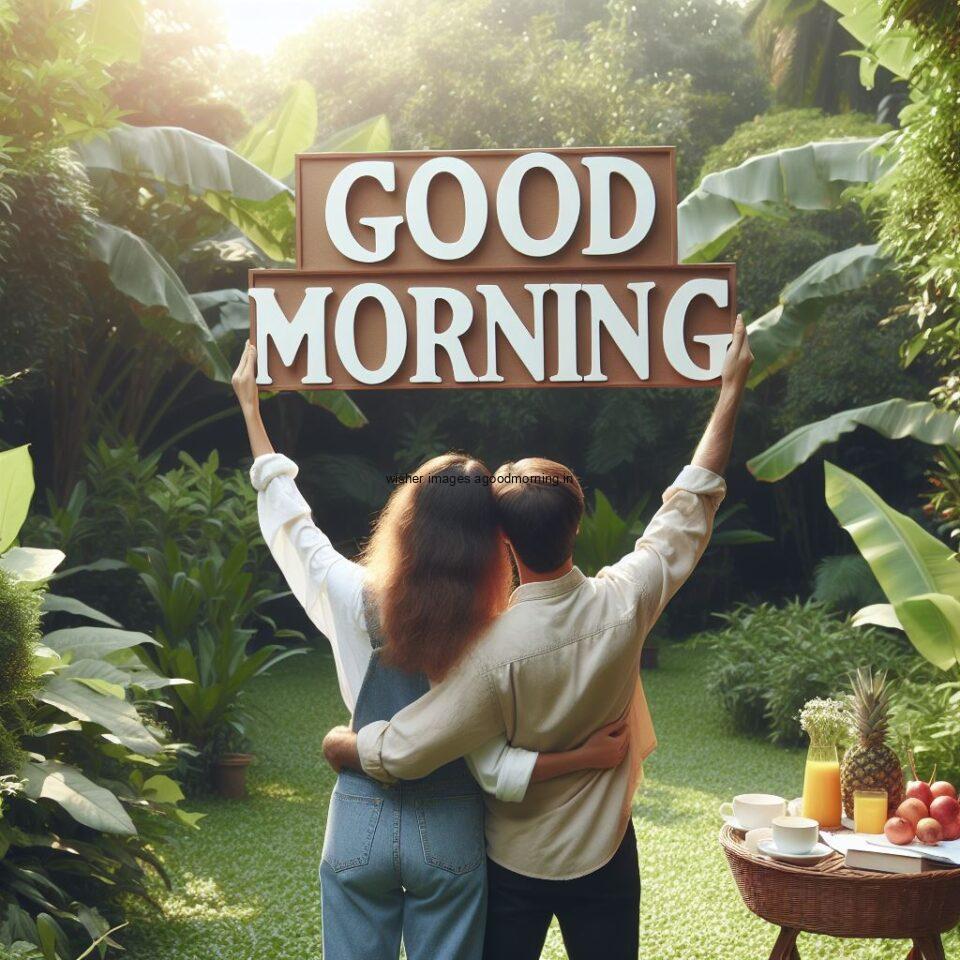 Good morning couple images couple is seating in the garden boy and girl laying garden white good morning