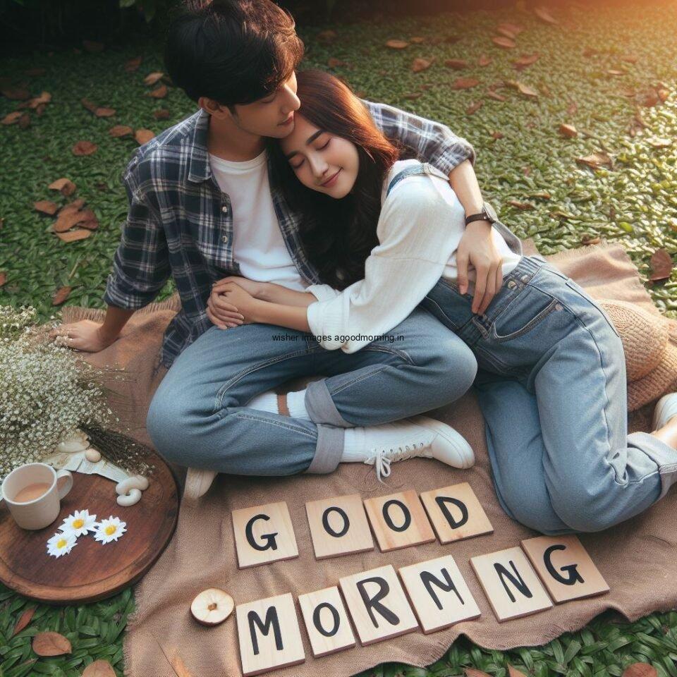 Good morning couple images couple is seating in the garden boy and girl laying garden with white text