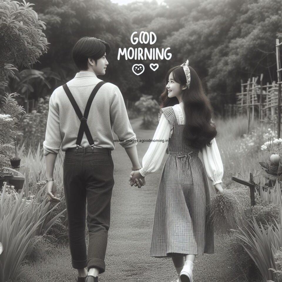 Good morning couple images couple is wwalking in the garden boy and girl laying garden black and white