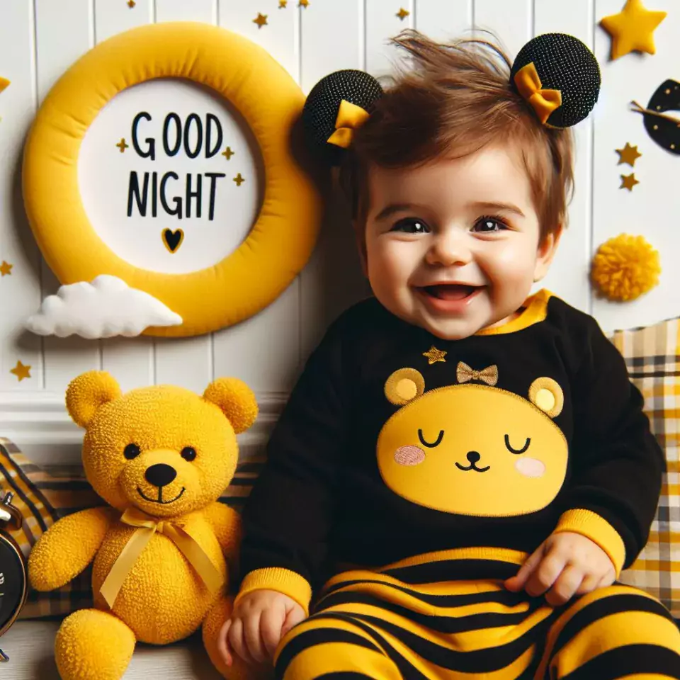 Good night images quotes with black with yellow dress baby girl is smling good vibes